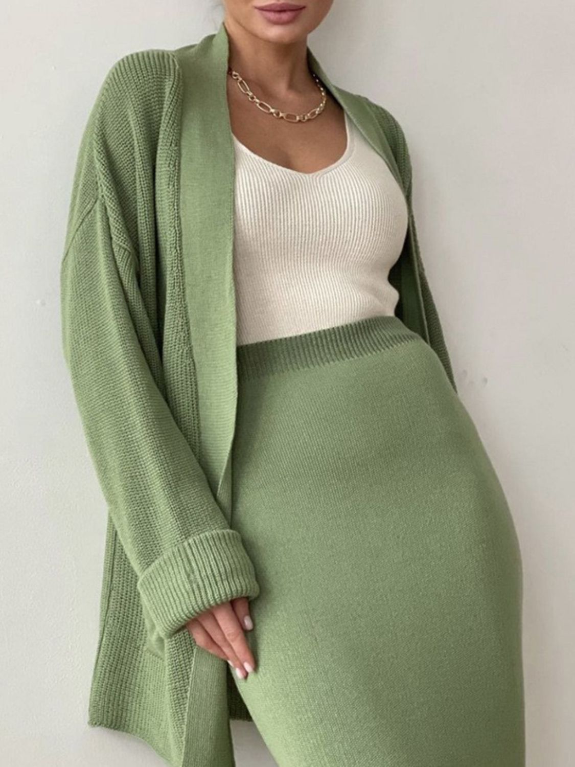 Pocketed Long Sleeve Cardigan and Skirt Sweater Set (cream/camel/lt. green/grey/black) ONE SIZE