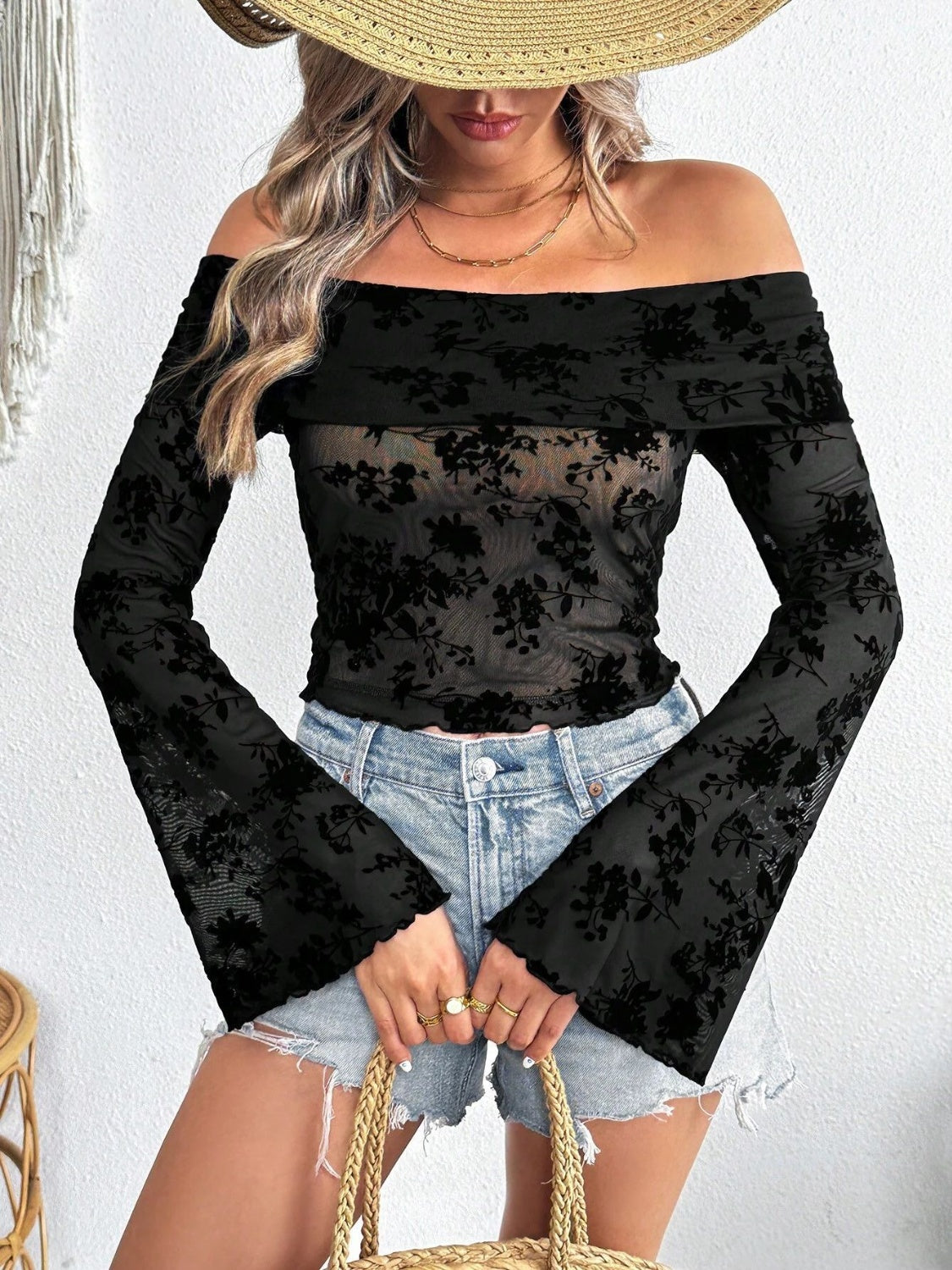 Off-Shoulder Flare Sleeve Lace Top-SMALL-2XL