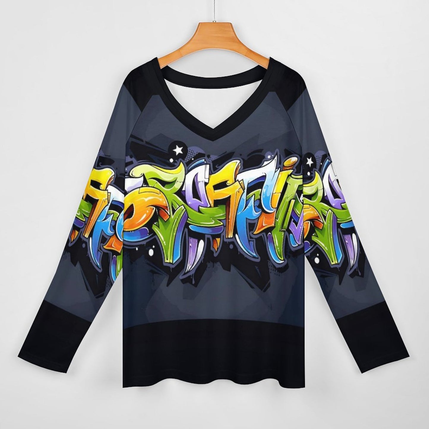 COLORFUL GRAFFITI V-neck Loose Long Sleeve T-shirt-SMALL-5XL