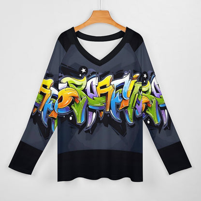 COLORFUL GRAFFITI V-neck Loose Long Sleeve T-shirt-SMALL-5XL