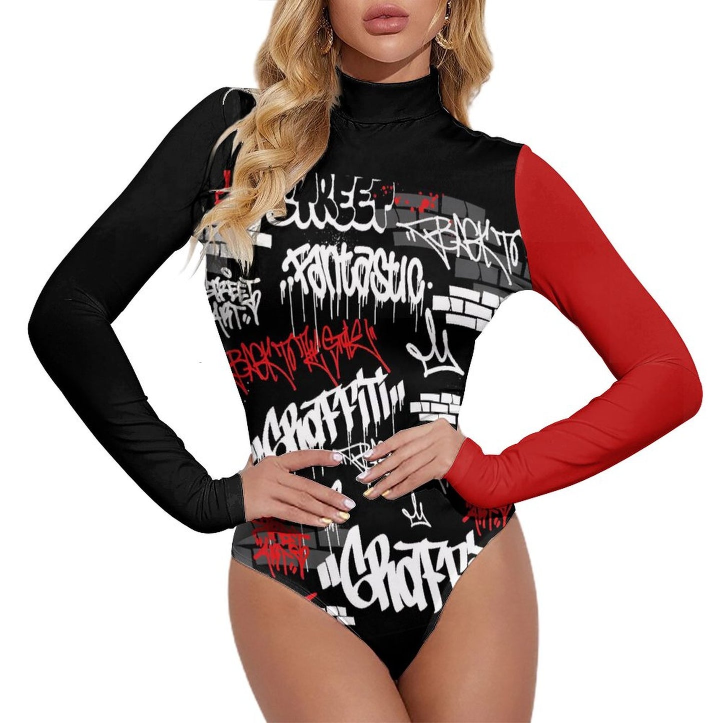 B/R/W GRAFFITI High-collar Long-sleeve Bodysuit