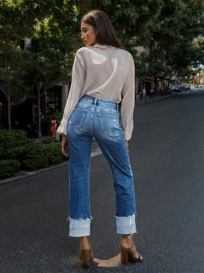 Stepped Waist Raw Hem Rolled Straight Jeans-SMALL-XL