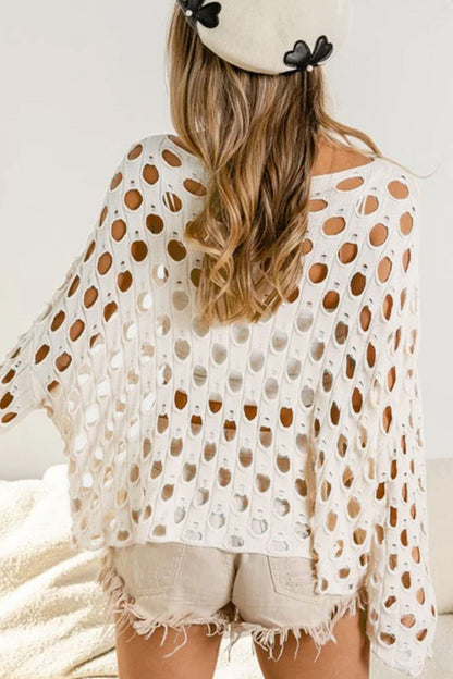 Cutout Round Neck Dropped Shoulder Knit Cover Up-SMALL-XL