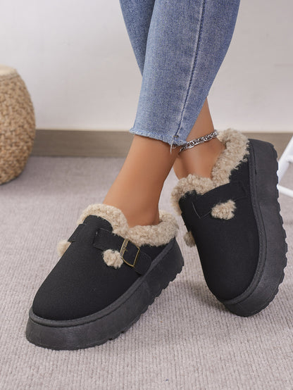 Thermal Fuzzy Buckle Platform Slippers (caramel/beige/black)