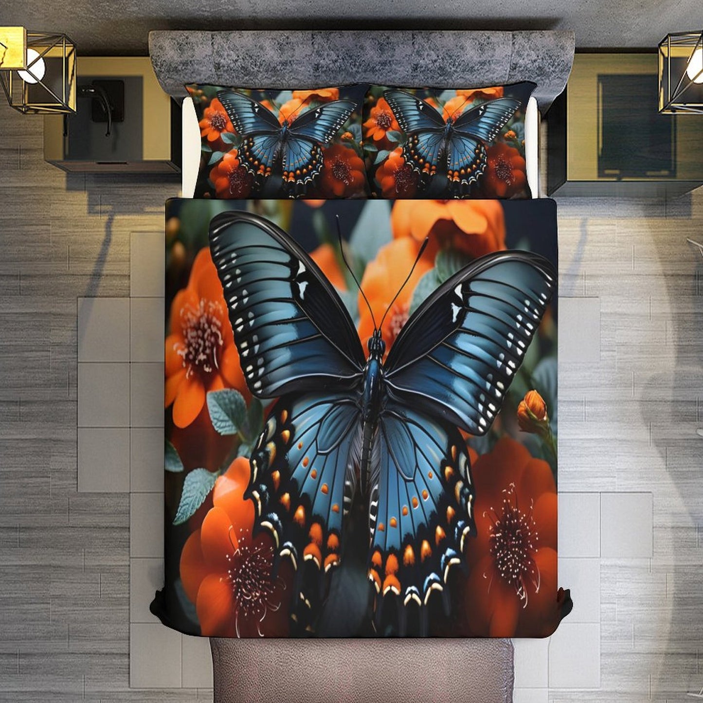 3-Piece Bedding Set-86"×70"/ 218×177cm (Dual-sided Printing)TWIN-BLUE BUTTERFLY