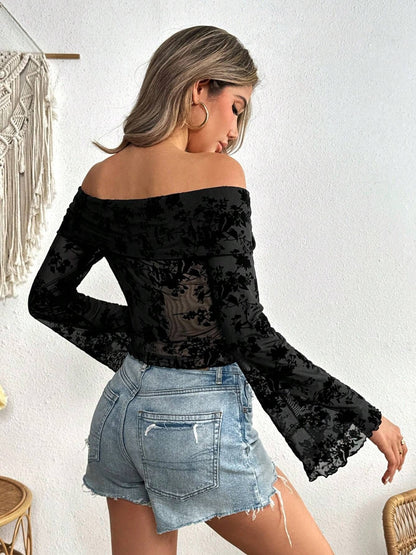 Off-Shoulder Flare Sleeve Lace Top-SMALL-2XL