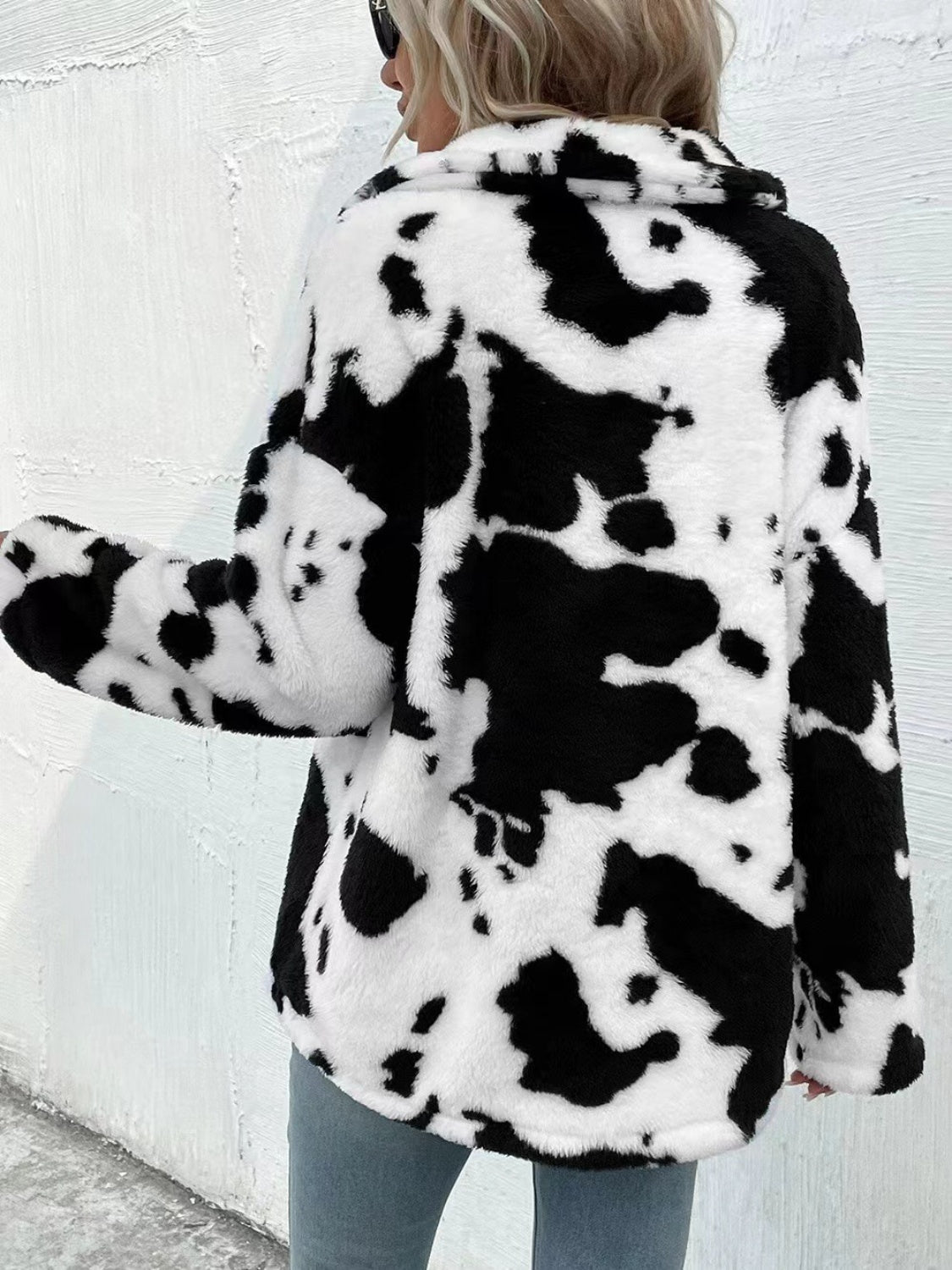Cow Print Collared Neck Button Up Faux Fur Jacket (WHITE & BLACK/*IVORY & BLACK) -SMALL-XL