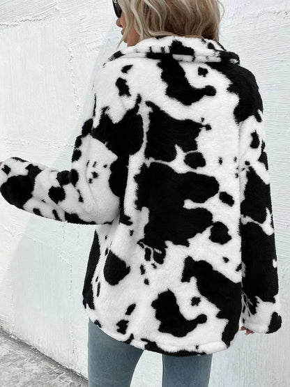 Cow Print Collared Neck Button Up Faux Fur Jacket (WHITE & BLACK/*IVORY & BLACK) -SMALL-XL