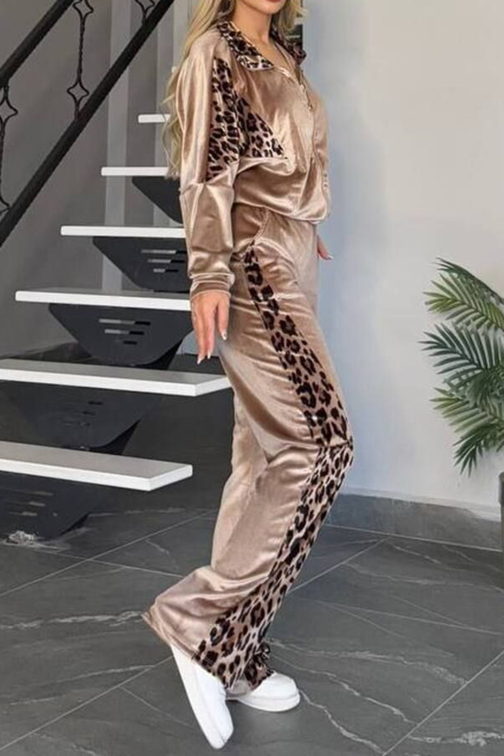Full Size Collared Neck Leopard Zip Up Top and Pants Set Plus Size (grey/black/camel)-SMALL-3XL