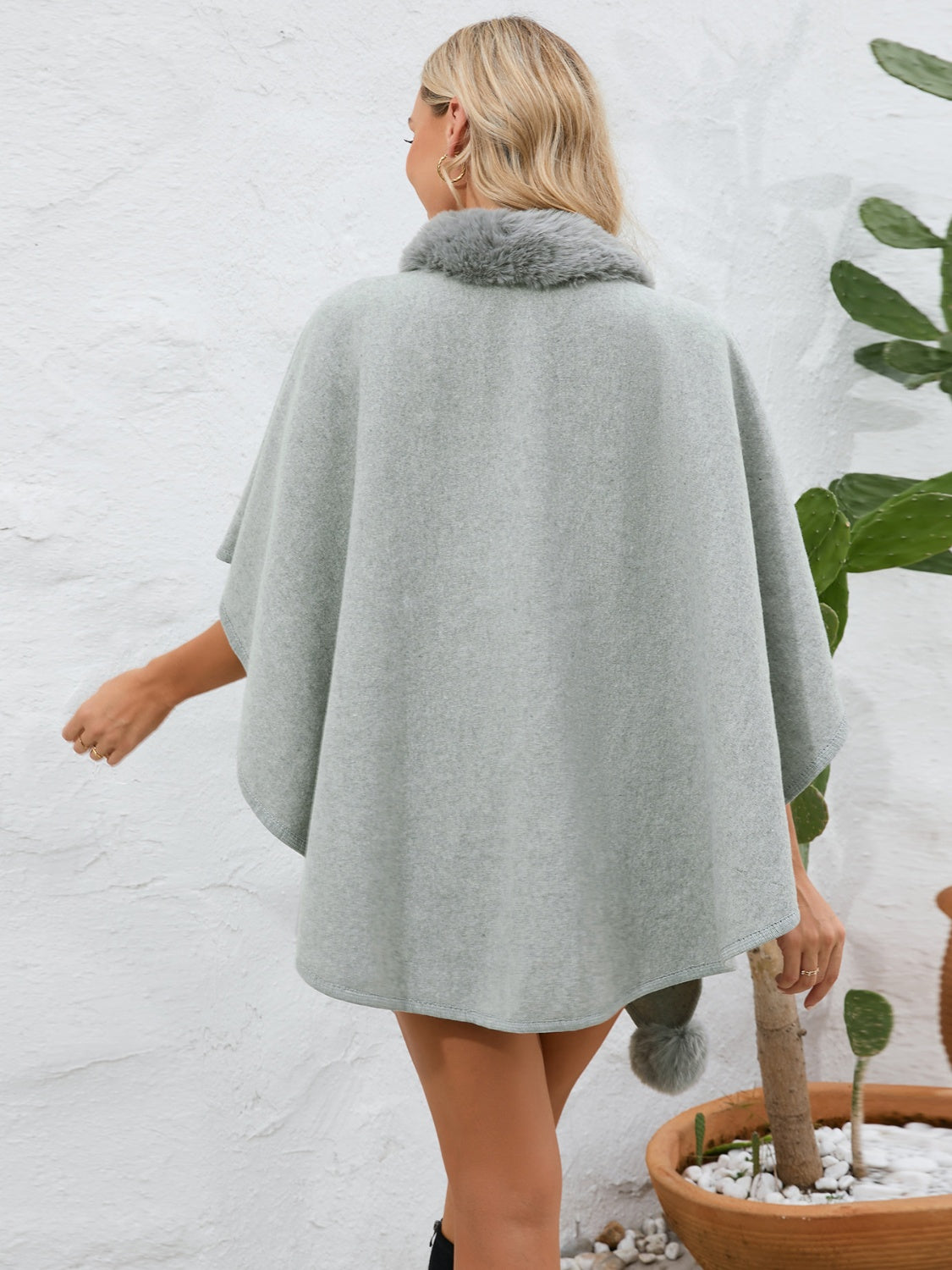 Fuzzy Trim Open Front Poncho (grey/black/green/cream/mocha/camel)