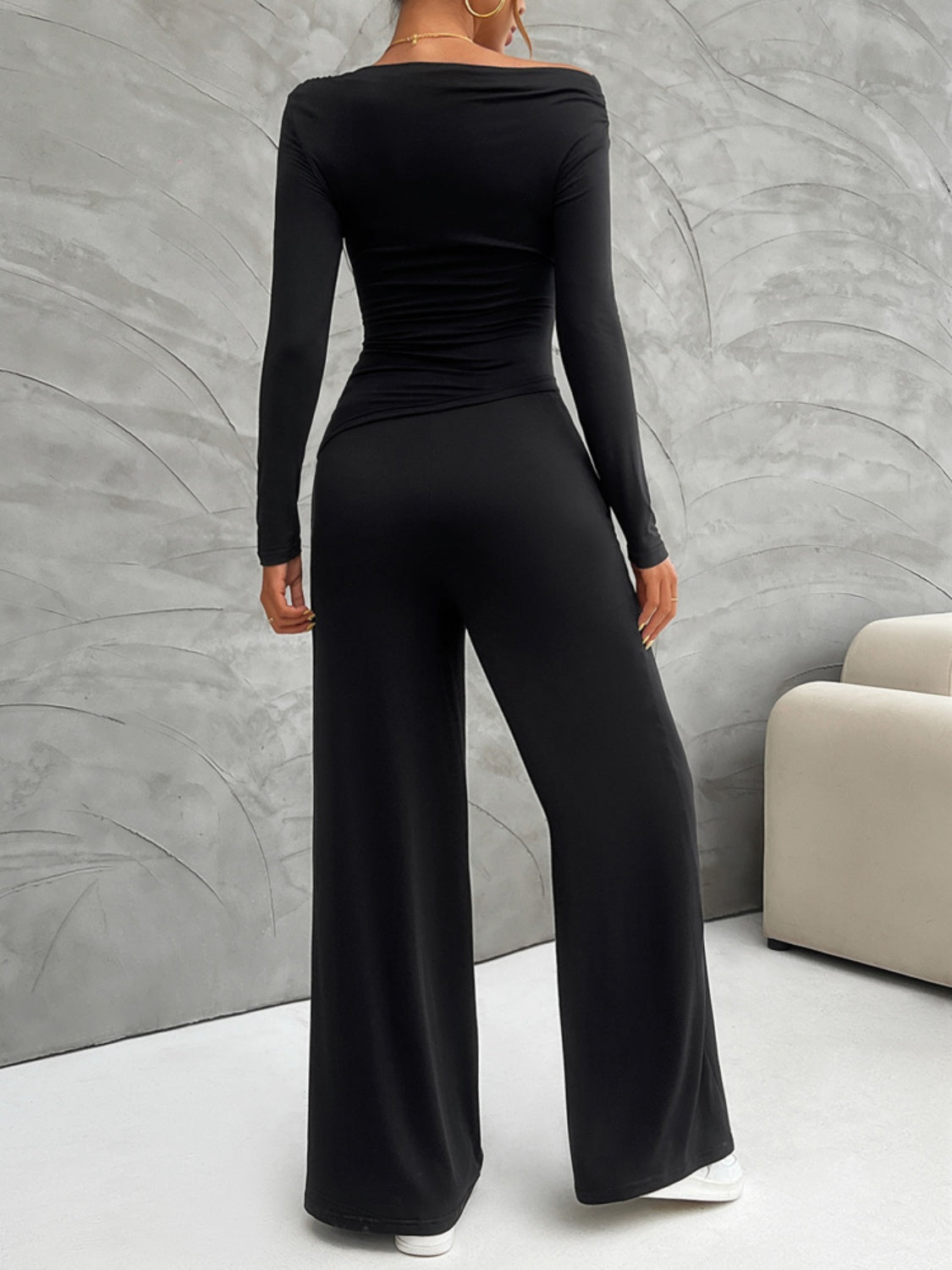 Long Sleeve Top and Wide Leg Pants Set (cream/black/burgundy/gray)-SMALL-XL