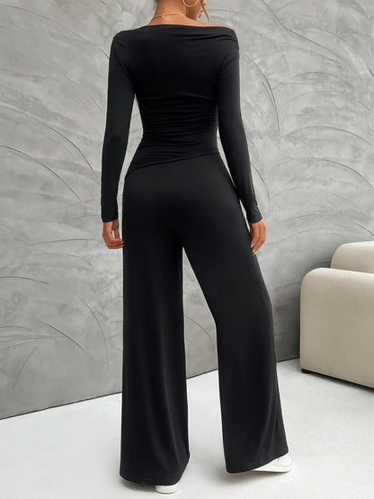 Long Sleeve Top and Wide Leg Pants Set (cream/black/burgundy/gray)-SMALL-XL