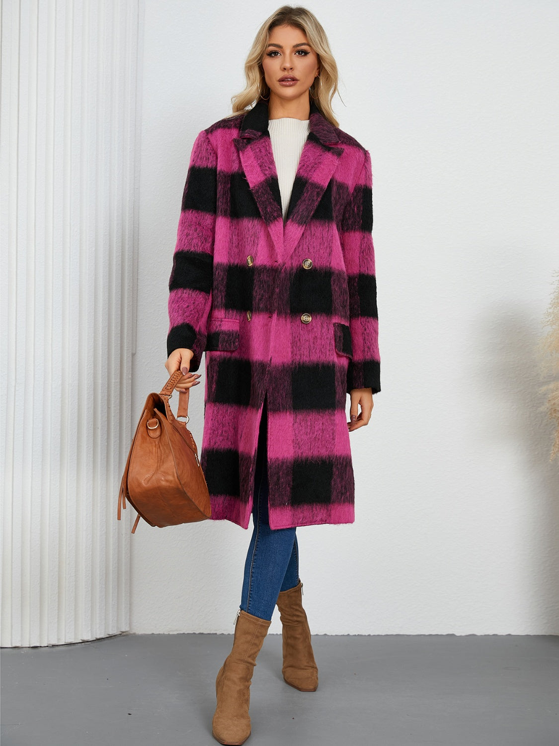 Plaid Double-Breasted Long Sleeve Coat (black/hot pink)-SMALL-XL