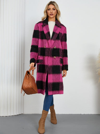 Plaid Double-Breasted Long Sleeve Coat (black/hot pink)-SMALL-XL