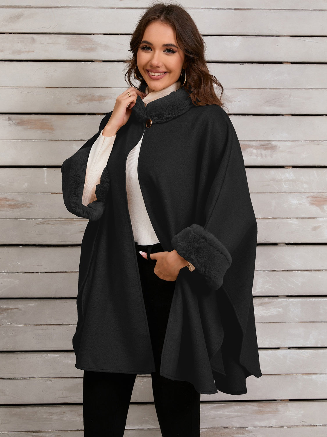 Fuzzy Trim Long Sleeve Poncho (tan/grey/black)