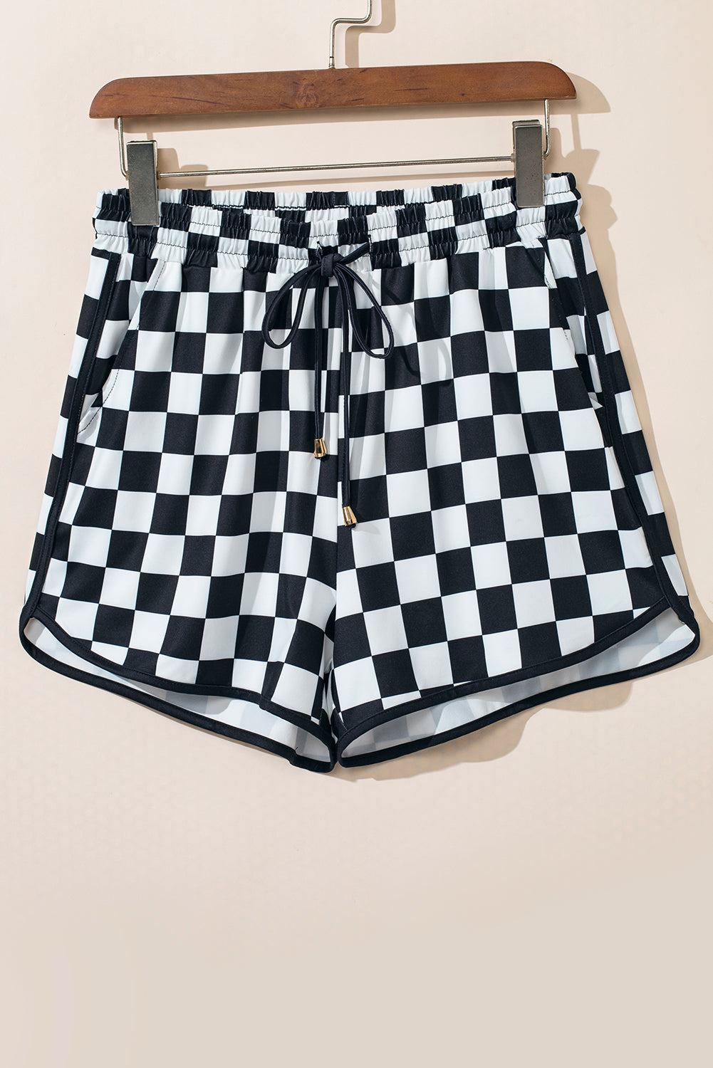 Drawstring Checkered Shorts with Pockets (black/hot pink)-S-XL