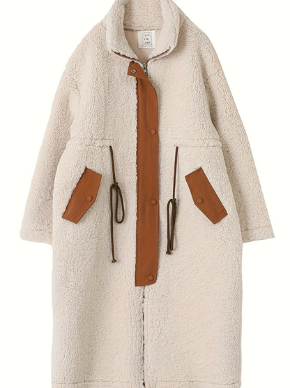 Plus Size Drawstring Zip Up Turtleneck Sherpa Coat-1XL-5XL