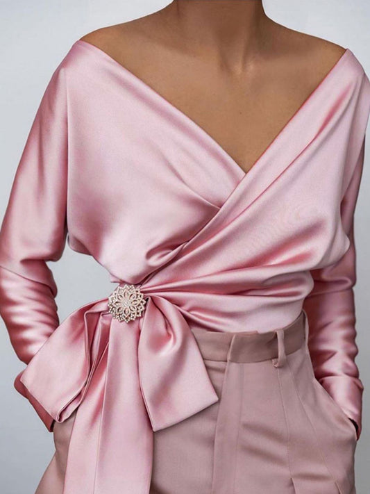 Satin Long Sleeve Blouse (blush pink/light blue/cream)-SMALL-XL
