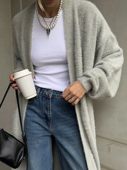 Fuzzy Open Front Solid Color Cardigan (white/tan/grey/pink/black) ONE SIZE