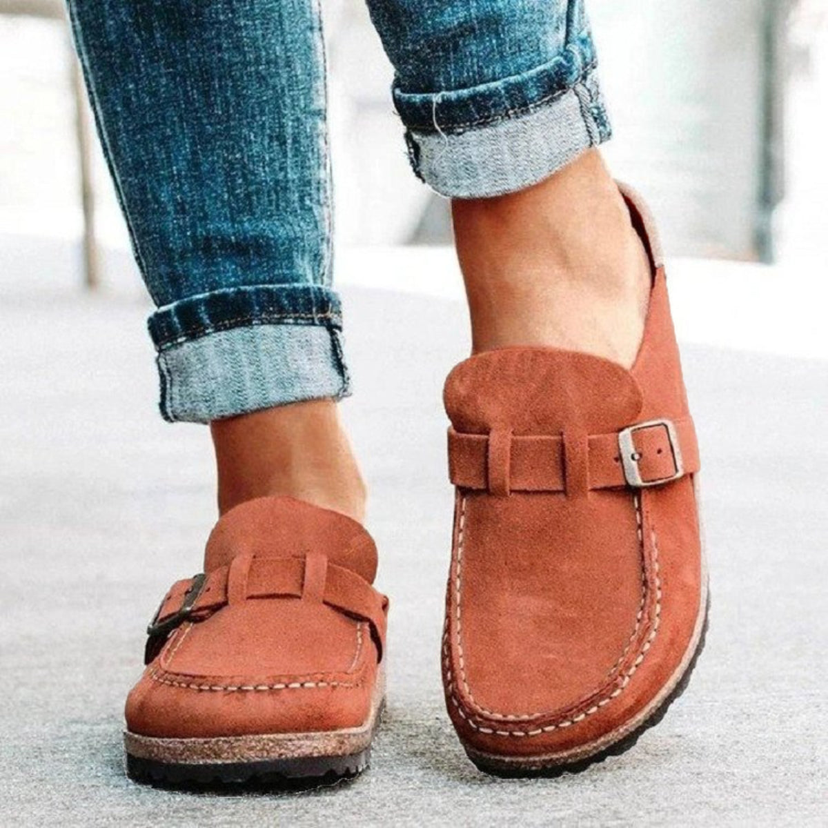Round Toe Low Heel Buckle Loafers (khaki/black/purple/sage/caramel)