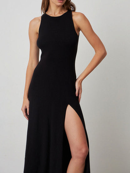 Side Slit Round Neck Sleeveless Dress (white/black/tan)