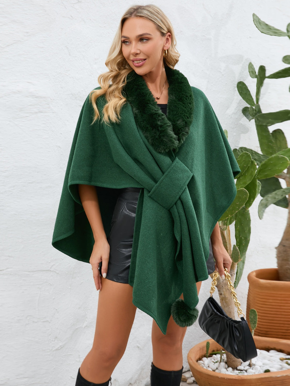 Fuzzy Trim Open Front Poncho (grey/black/green/cream/mocha/camel)