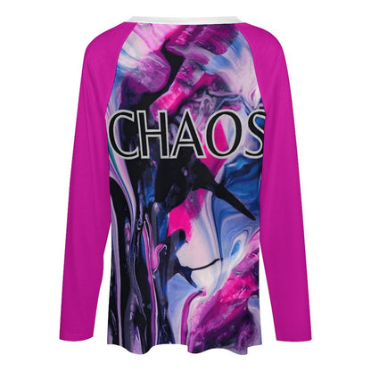 CHAOS V-neck Loose Long Sleeve T-shirt (pink)-SMALL-5XL)