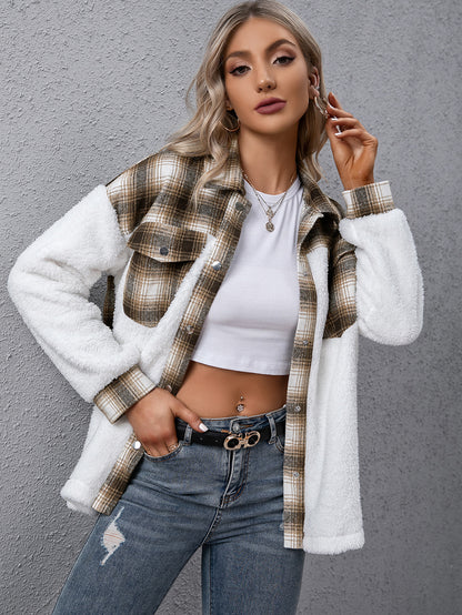 Ivy Lane Plaid Collared Neck Button Down Jacket-SMALL-XL