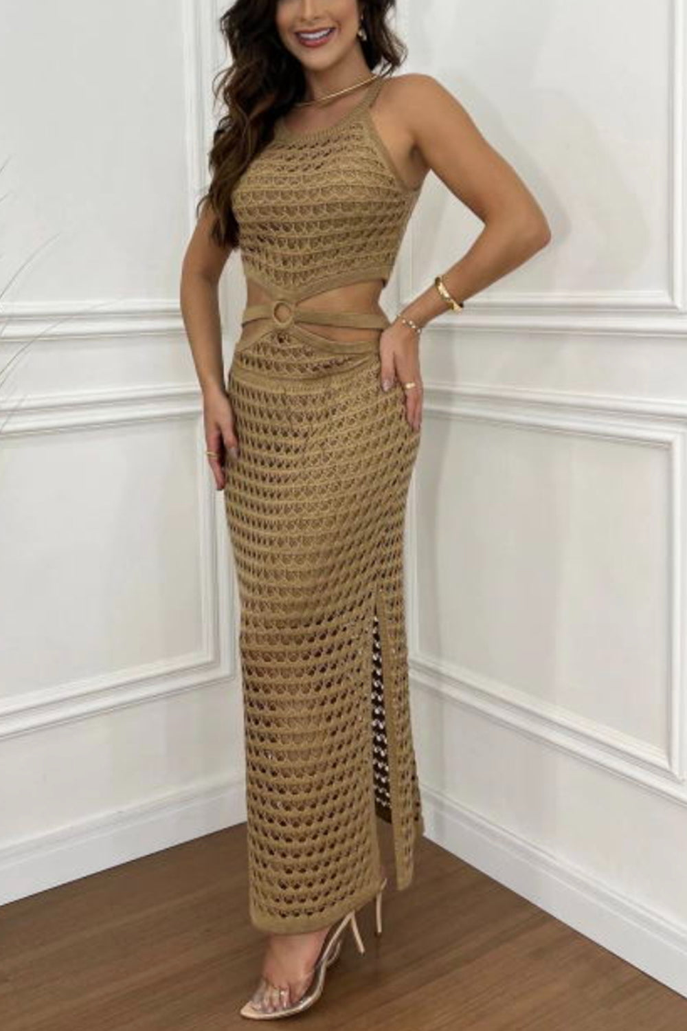 Cutout Slit Round Neck Sweater Dress (beige/taupe/white/sage/orange-red)-SMALL-XL
