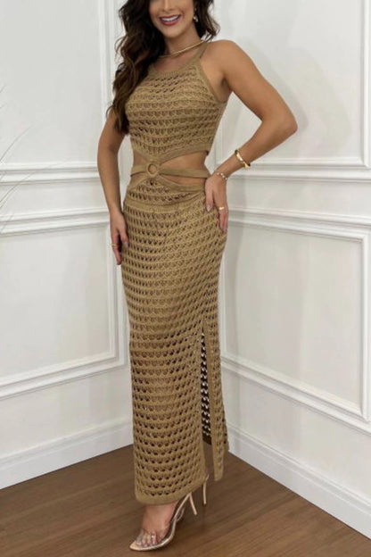 Cutout Slit Round Neck Sweater Dress (beige/taupe/white/sage/orange-red)-SMALL-XL