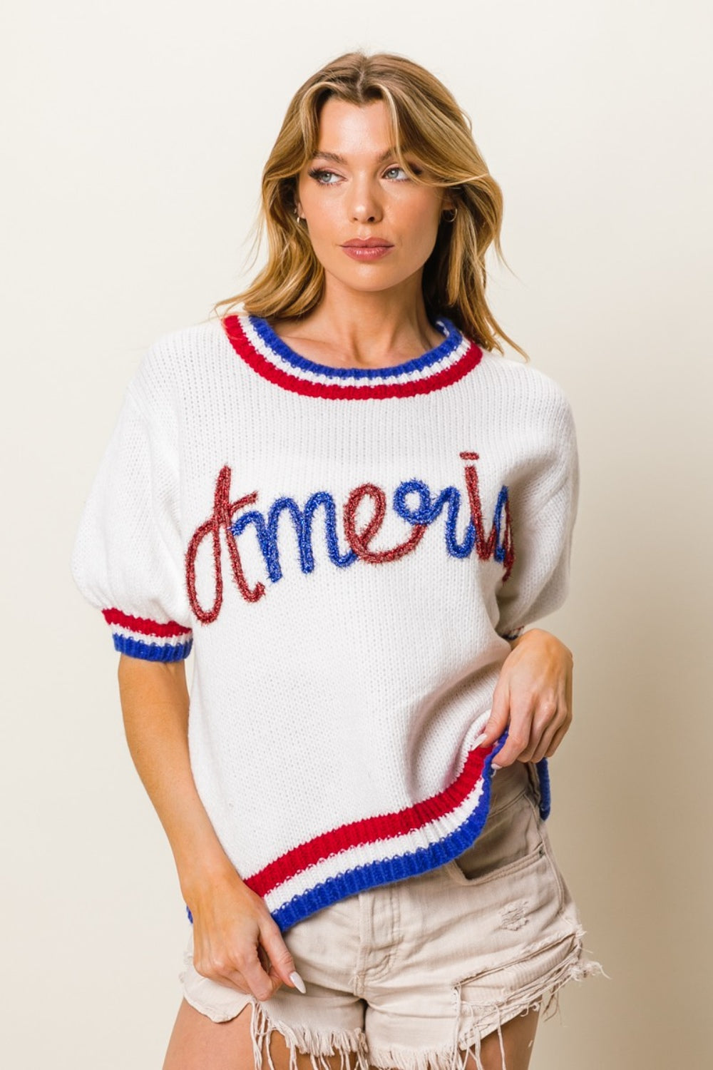 BiBi Metallic America Letter Short Sleeve Sweater-SMALL-XL