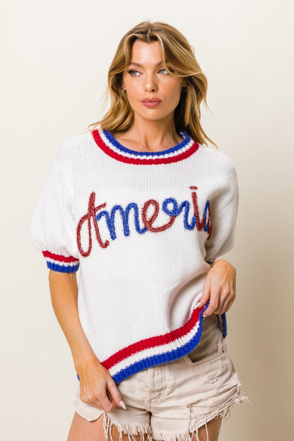 BiBi Metallic America Letter Short Sleeve Sweater-SMALL-XL