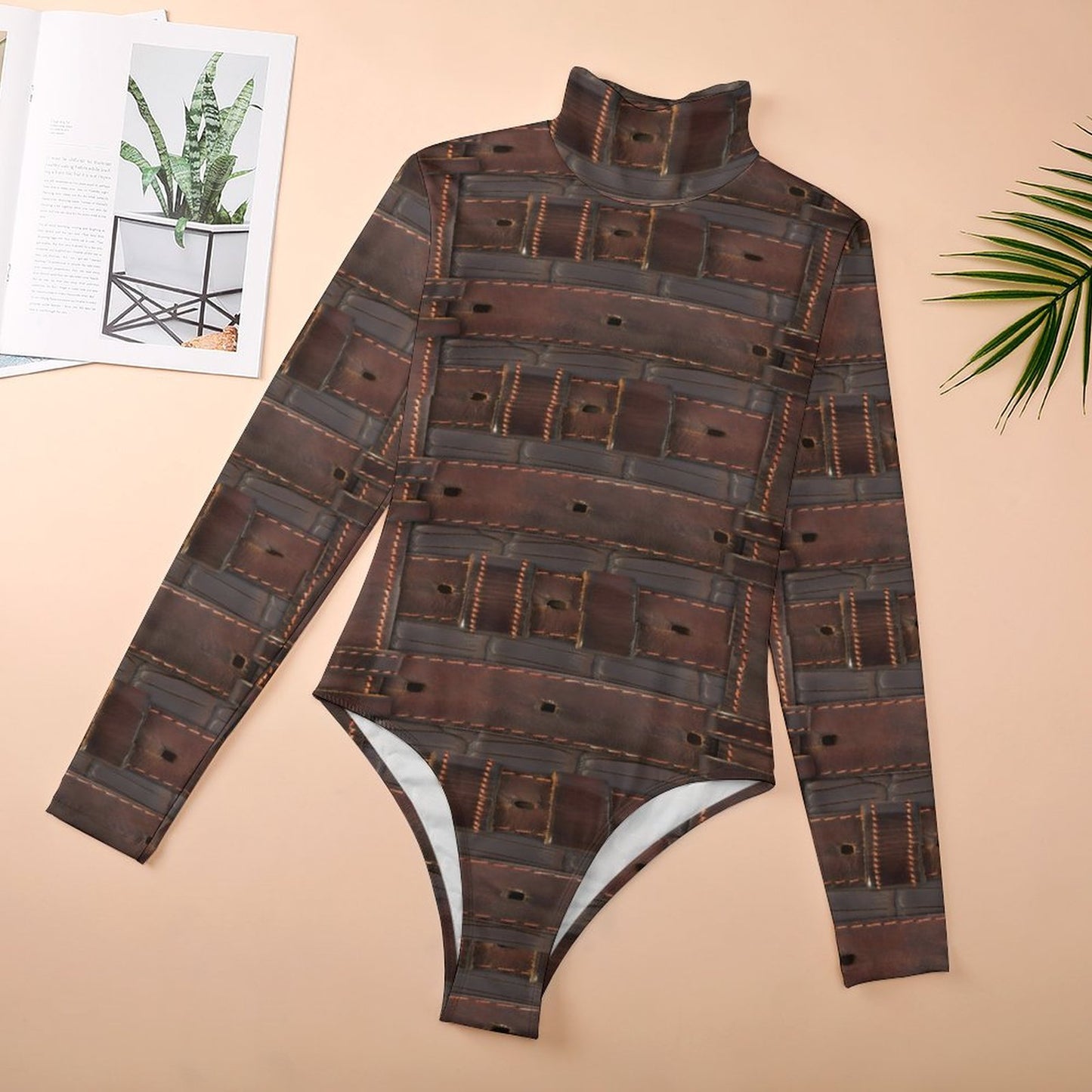 RUGGED LEATHER BUCKLE High-collar Long-sleeve Bodysuit-SMALL-2XL