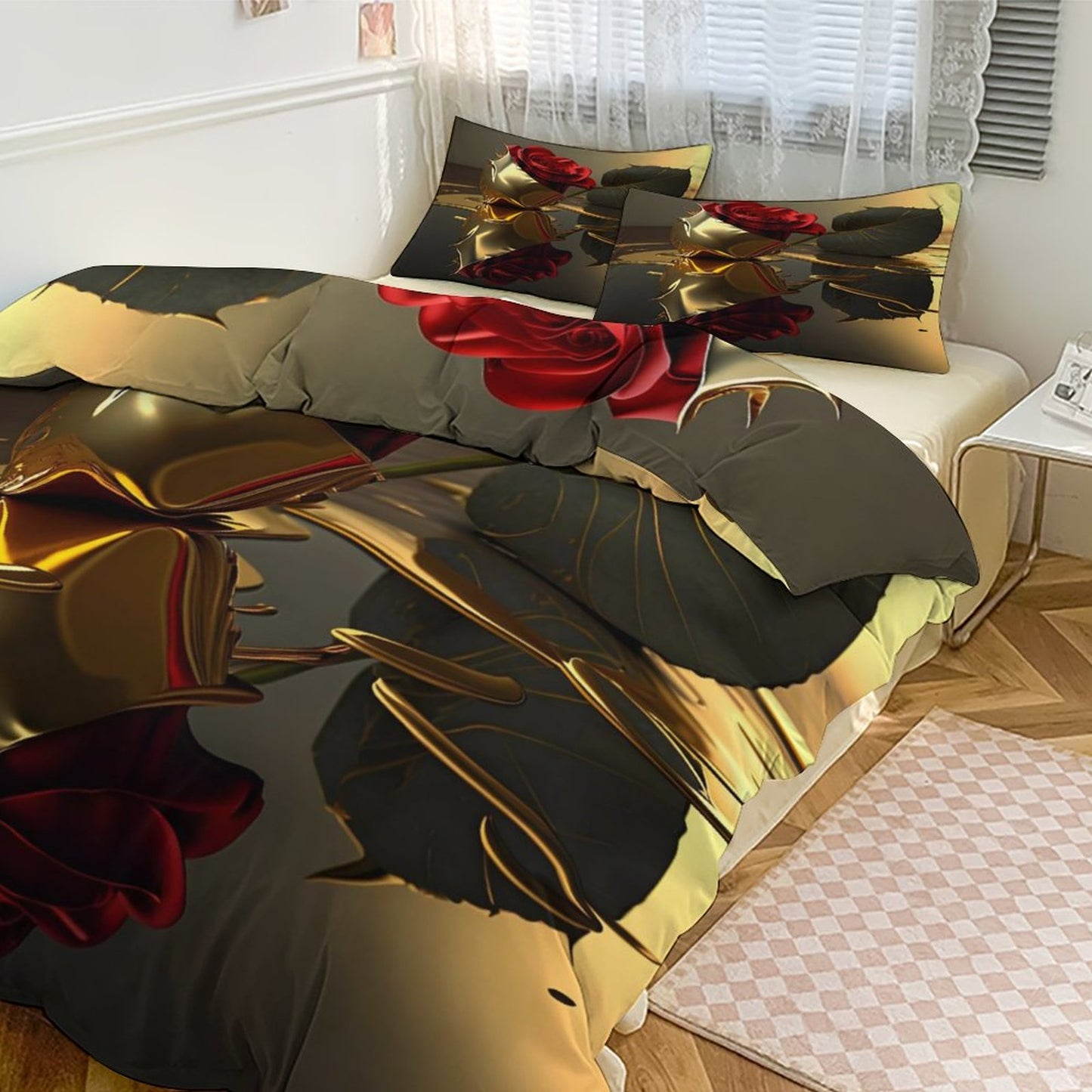 ROSE IN GOLD 3-Piece Bedding Set-102"x90"/ 259x229cm (Dual-sided Printing)