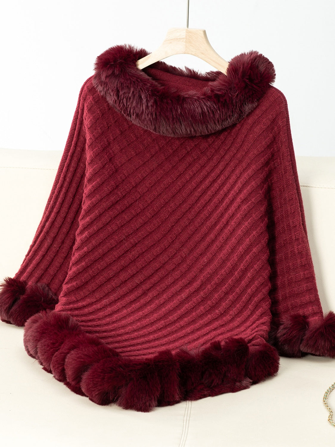 Fuzzy Trim Texture Three-Quarter Sleeve Poncho (beige/camel/grey/brown/black/burgundy)