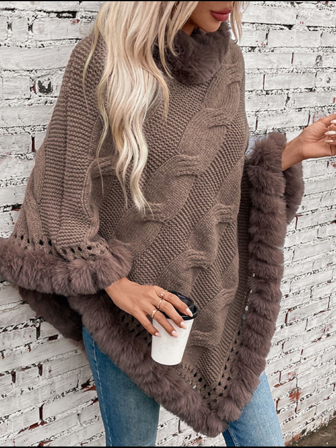 Fuzzy Hem Cable-Knit Poncho (mocha/gold/pink/eggshell/grey/black)