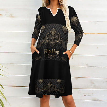V-neck 3/4 Sleeve Dress with Pockets (All-Over Printing)