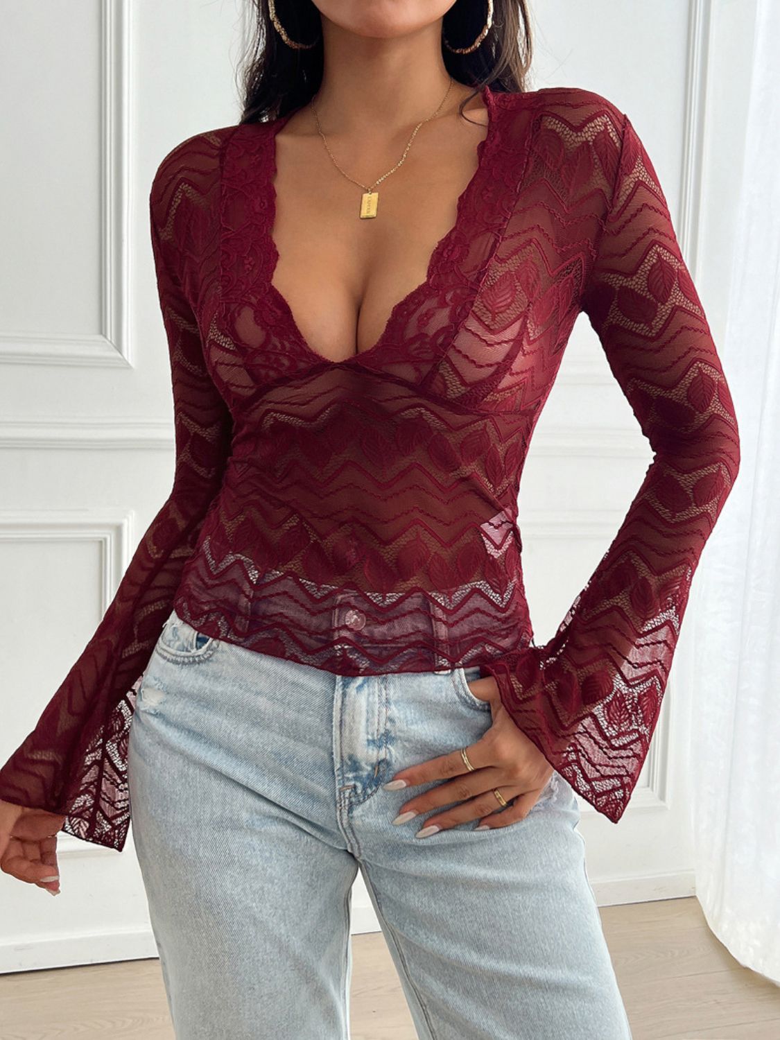 Plunge Long Sleeve Lace Top-SMALL-XL