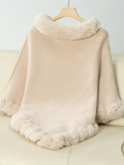 Fuzzy Trim Texture Three-Quarter Sleeve Poncho (beige/camel/grey/brown/black/burgundy)