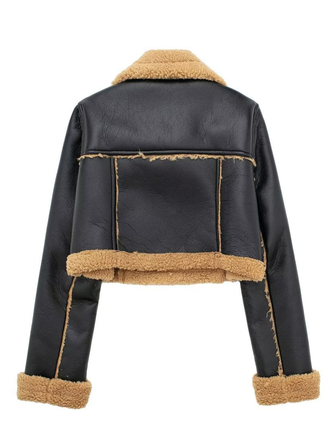 Collared Neck Long Sleeve Plush Cropped Leather Jacket (chocolate & white/black & white/mustard & white/black & reddish brown/brown & reddish brown/coffee brown/burgundy)-SMALL-LARGE