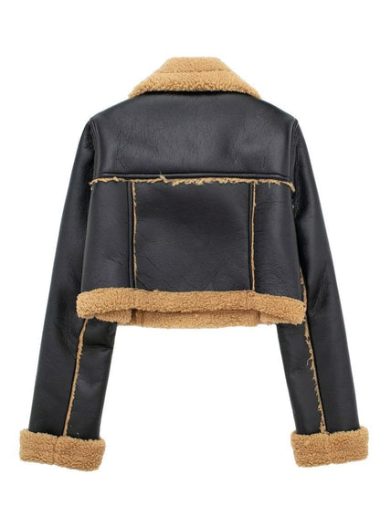 Collared Neck Long Sleeve Plush Cropped Leather Jacket (chocolate & white/black & white/mustard & white/black & reddish brown/brown & reddish brown/coffee brown/burgundy)-SMALL-LARGE