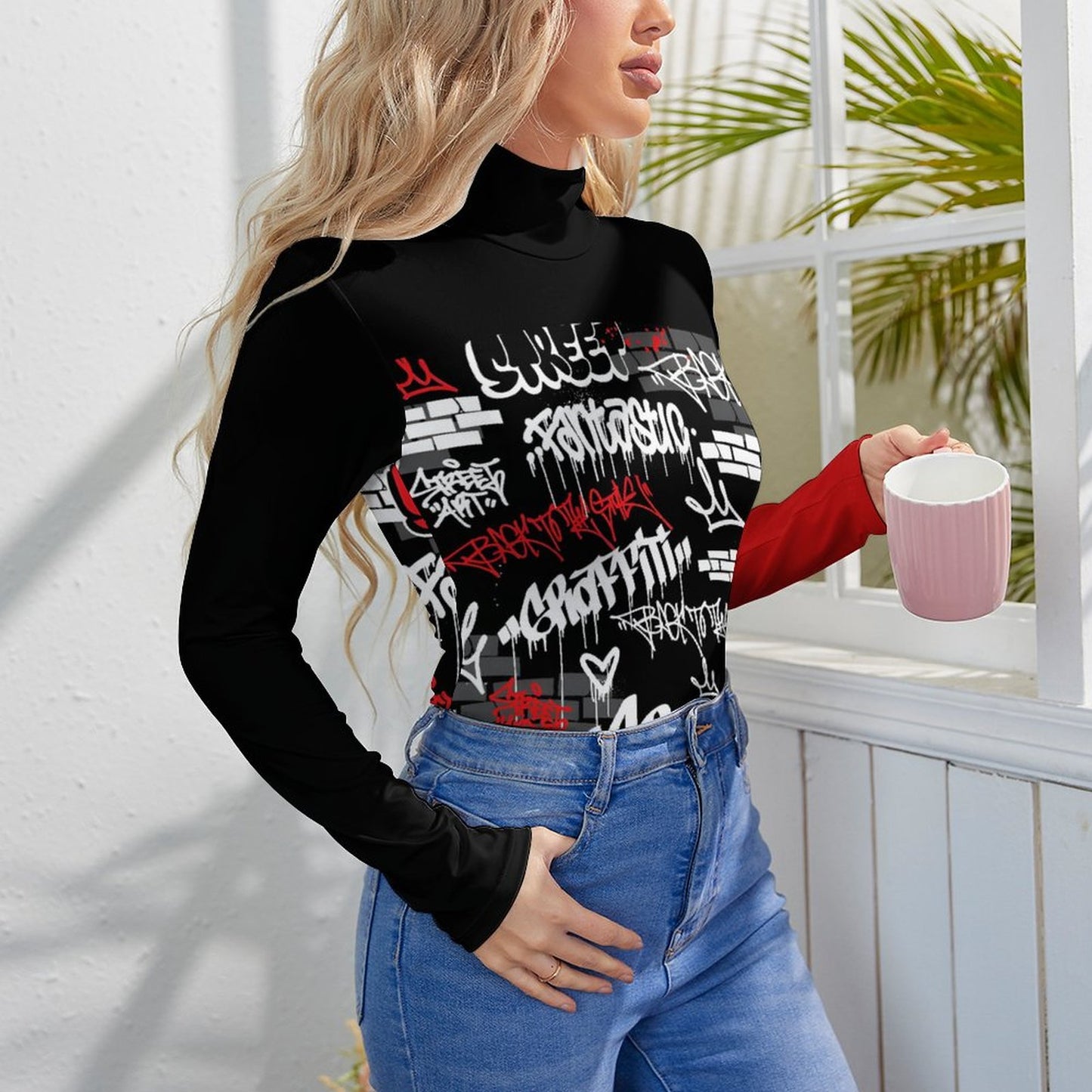 B/R/W GRAFFITI High-collar Long-sleeve Bodysuit