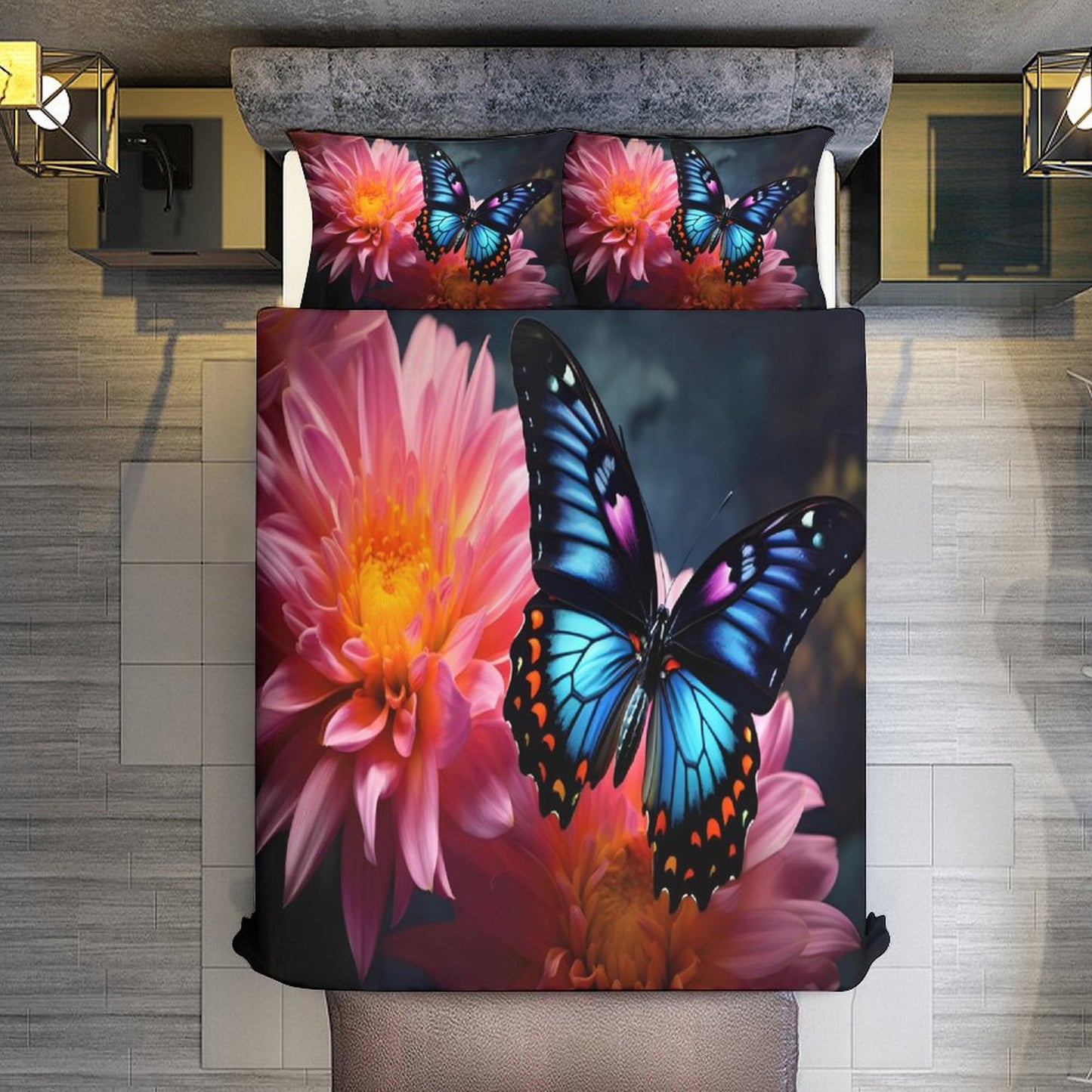 BLUE BUTERFLY 3-Piece Bedding Set-90"x90"/ 229x229cm QUEEN SIZE (Dual-sided Printing)