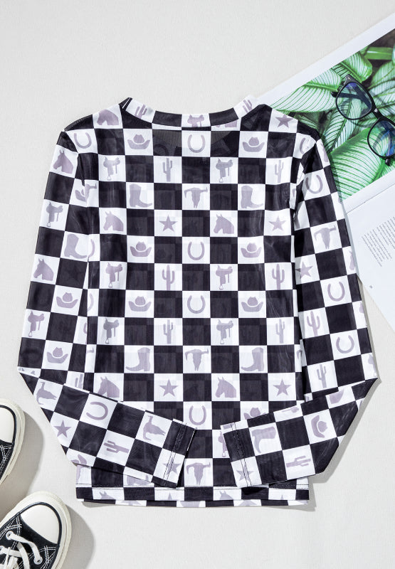 Checkered Mock Neck Long Sleeve Top-SMALL-XL