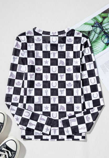 Checkered Mock Neck Long Sleeve Top-SMALL-XL