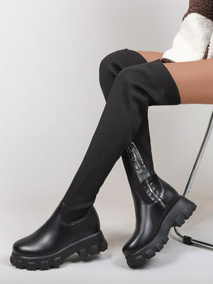 PU Leather Round Toe Platform Boots (red/black/beige/black & red)