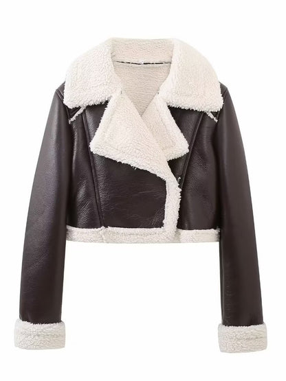 Collared Neck Long Sleeve Plush Cropped Leather Jacket (chocolate & white/black & white/mustard & white/black & reddish brown/brown & reddish brown/coffee brown/burgundy)-SMALL-LARGE