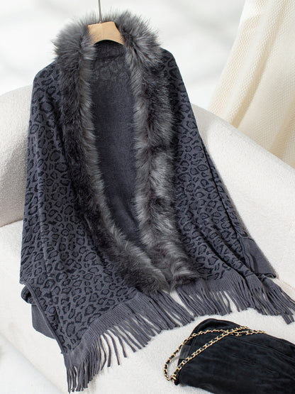 Fringe Leopard Open Front Long Sleeve Poncho (beige/chocolate/indigo/burgundy/brown/black)