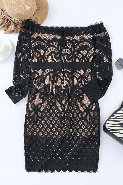 Off-Shoulder Long Sleeve Lace Dress-S-XL