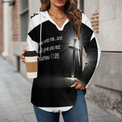 170gsm Women's V Neck Long Sleeve Hoodie(All-Over Printing)